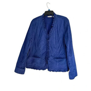 Chicos Jacket Size 2 Large Blue Snake Print Ruffle Trim Textured V Neck Blazer
